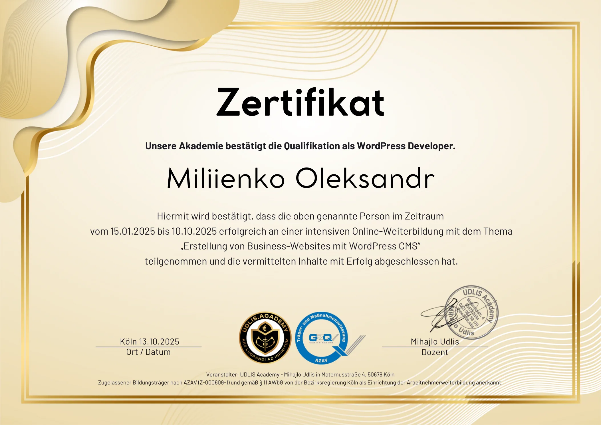 Zertifikat von Alexander Miliienko – UDLIS Academy Köln